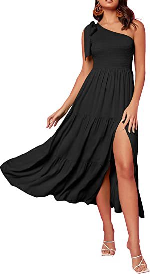 2024 Summer Fashion Women's One-shoulder Pleated Layered Hem Split Dress