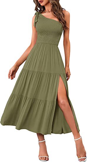 2024 Summer Fashion Women's One-shoulder Pleated Layered Hem Split Dress