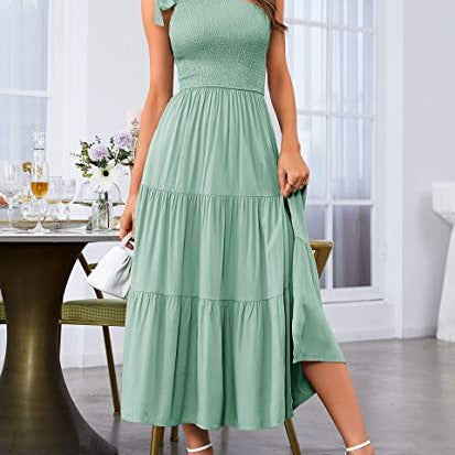 2024 Summer Fashion Women's One-shoulder Pleated Layered Hem Split Dress