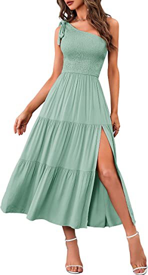 2024 Summer Fashion Women's One-shoulder Pleated Layered Hem Split Dress