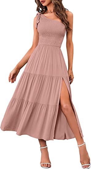 2024 Summer Fashion Women's One-shoulder Pleated Layered Hem Split Dress