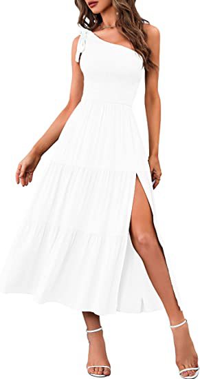 2024 Summer Fashion Women's One-shoulder Pleated Layered Hem Split Dress