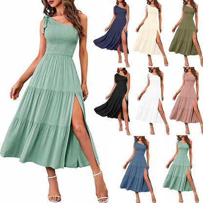 2024 Summer Fashion Women's One-shoulder Pleated Layered Hem Split Dress